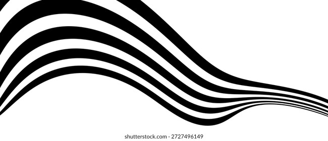 Preto em branco abstrato linhas de perspectiva listras de onda com efeito dimensional 3d isolado no branco.