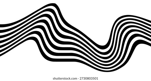 Black on white abstract perspective line wave stripes with 3d dimensional effect isolated on white.