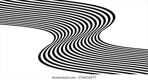 Black on white abstract perspective line wave stripes with 3d dimensional effect isolated on white background