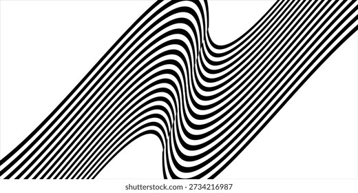 Black on white abstract perspective line wave stripes with 3d dimensional effect isolated on white background