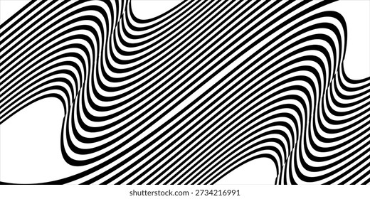 Black on white abstract perspective line wave stripes with 3d dimensional effect isolated on white background