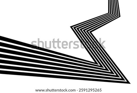 Black on white abstract perspective line stripes with 3d dimensional effect isolated on white.