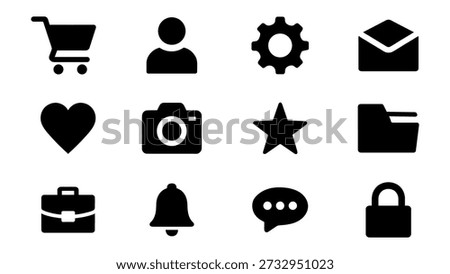 Black on white background shopping user settings mail heart camera star folder briefcase bell