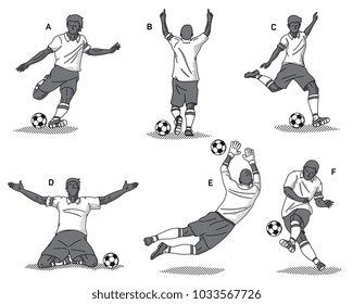 It's black on white background vector illustration set of soccer players in different athletic pose