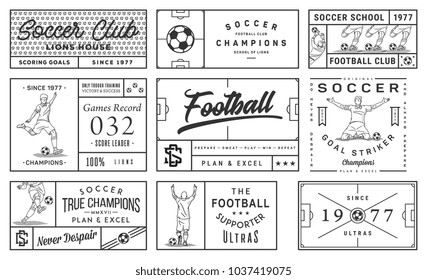 It's a black on white background vector collection of soccer badges and labels