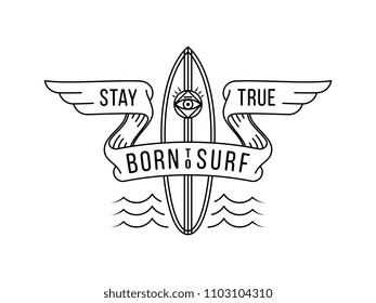 It's a black on white background vector illustration depicting a surfboard with an eye at the center and a costume badge