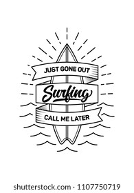 It's a black on white background vector design of a surfboard with a banner around it