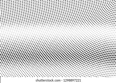 Black on white bright halftone texture. Horizontal dotwork gradient. Rough dotted vector background. Monochrome halftone overlay. Vintage cartoon effect. Perforated texture. Retro dotwork surface