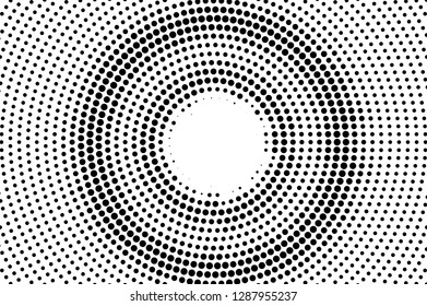 Black on white center halftone vector. Digital dotted texture. Contrast dotwork gradient for vintage effect. Monochrome halftone overlay for cartoon effect. Perforated background. Ink dotwork surface