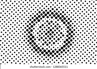 Black on white centered halftone texture. Oversized dotted ornament. Contrast dotwork pattern. Monochrome halftone vector banner. Perforated retro background. Polka dot texture card