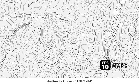 The black on white contours topography stylized height of the lines. The concept of a conditional geography scheme and the terrain path. Wide size. Map on land vector terrain Illustration.