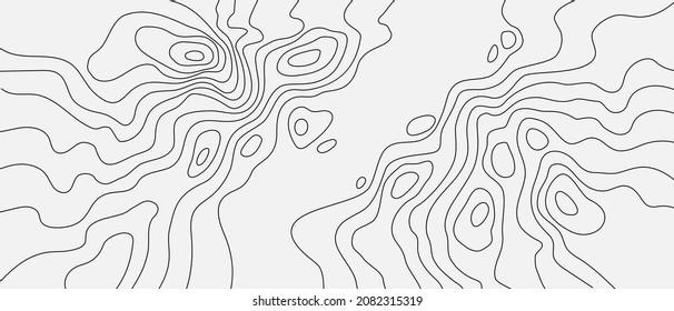 La topografía vectorial de contorno negro sobre blanco estilizó la altura de las líneas. El concepto de un esquema geográfico condicional y el camino del terreno. Gran tamaño. Mapa sobre el terreno vectorial de tierra Ilustración.