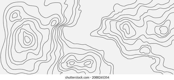 La topografía vectorial de contorno negro sobre blanco estilizó la altura de las líneas. El concepto de un esquema geográfico condicional y el camino del terreno. Gran tamaño. Mapa sobre el terreno vectorial de tierra Ilustración.