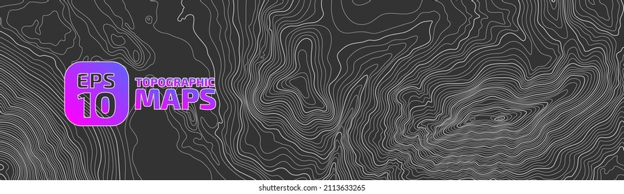 The black on white contours vector topography stylized height of the lines. The concept of a conditional geography scheme and the terrain path. Ultra Wide size. Map on land vector terrain Illustration