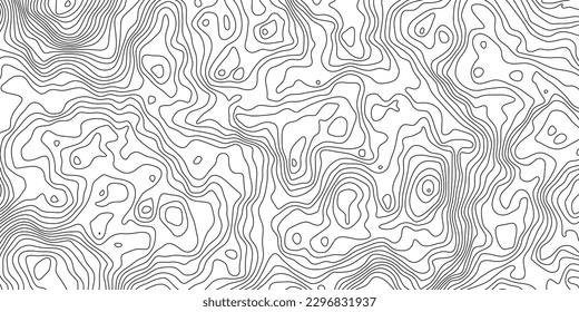 La topografía vectorial de contorno negro sobre blanco estilizó la altura de las líneas. El concepto de un esquema geográfico condicional y el camino del terreno. Gran tamaño. Mapa sobre el terreno vectorial de tierra Ilustración.