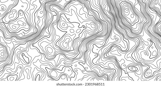The black on white contours vector topography stylized height of the lines. The concept of a conditional geography scheme and the terrain path. Wide size. Map on land vector terrain Illustration.