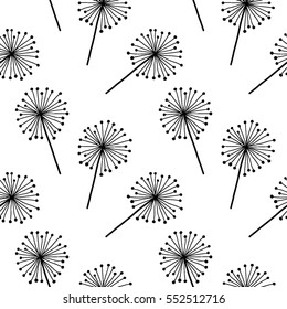 Black on white dandelion. Vector seamless pattern. Endless pattern for wallpaper, pattern fills, web page background, surface textures. Hand drawn dandelion, botany 