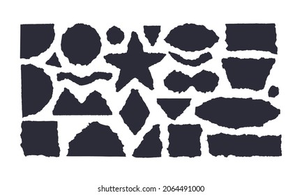 Black on white geometric shapes of paper torn. Set of torn paper of different geometric shapes isolated. Vector scraps of circle, square, star, semicircle, ellipse.