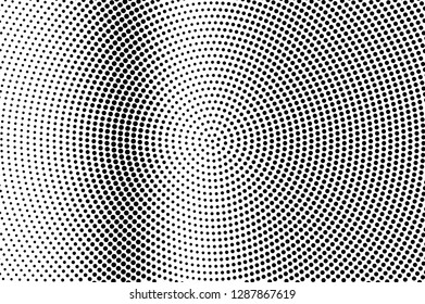 Black on white grunge halftone vector texture. Digital optical illusion. Vertical dotwork gradient for vintage effect. Monochrome halftone overlay. Perforated retro background. Ink dot texture card