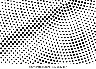 Black on white halftone vector texture. Diagonal dotted gradient. Oversized dotwork surface for vintage effect. Monochrome halftone overlay. Perforated retro background. Ink dot texture card
