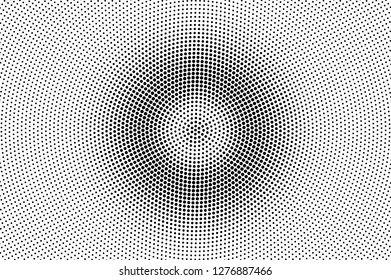Black on white halftone vector texture. Round dotted gradient. Centered dotwork surface for vintage effect. Monochrome halftone overlay. Perforated retro background. Ink dot texture card