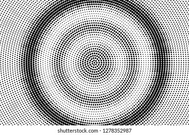 Black on white halftone vector texture. Concentrated dotted gradient. Contrast dotwork surface for vintage effect. Monochrome halftone overlay. Perforated retro background. Ink dot texture card