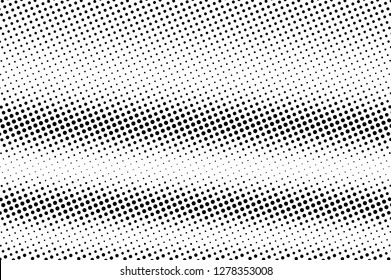 Black on white halftone vector texture. Horizontal dotted gradient. Rough dotwork surface for vintage effect. Monochrome halftone overlay. Perforated retro background. Ink dot texture card
