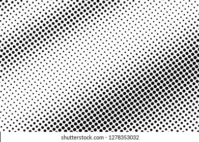 Black on white halftone vector texture. Contrast dotted gradient. Oversized dotwork surface for vintage effect. Monochrome halftone overlay. Perforated retro background. Ink dot texture card