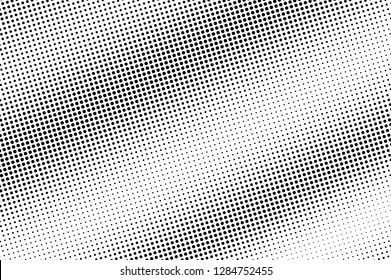 Black on white halftone vector texture. Digital pop art background. Diagonal dotwork gradient for vintage effect. Monochrome halftone overlay. Perforated surface. Ink dot texture card