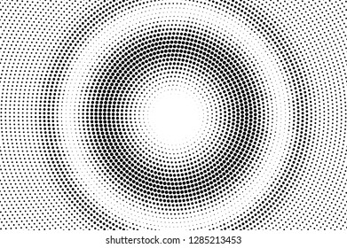 Black on white halftone vector texture. Rough perforated surface. Round dotwork gradient for vintage effect. Digital pop art background. Monochrome halftone overlay. Black ink dot texture card