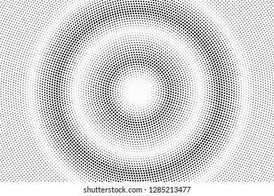Black on white halftone vector texture. Rough perforated surface. Concentrated dotwork gradient for vintage effect. Digital pop art background. Monochrome halftone overlay. Black ink dot texture card