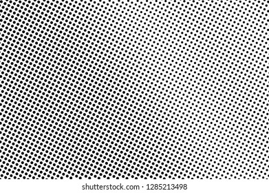 Black on white halftone vector texture. Rough perforated surface. Subtle dotwork gradient for vintage effect. Digital pop art background. Monochrome halftone overlay. Black ink dot texture card