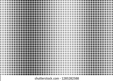 Black on white halftone vector texture. Grunge perforated surface. Regular dotwork gradient. Digital pop art background. Monochrome halftone overlay for vintage effect. Black ink dot cartoon texture