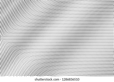 Black on white halftone vector texture. Grungy perforated surface. Diagonal dotwork gradient. Digital pop art background. Monochrome halftone overlay for vintage effect. Black ink dot cartoon texture