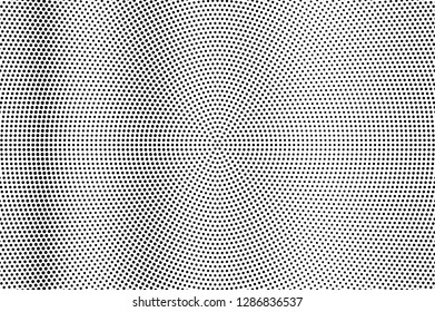 Black on white halftone vector texture. Radial perforated surface. Vertical dotwork gradient. Digital pop art background. Monochrome halftone overlay for vintage effect. Black ink dot cartoon texture