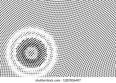 Black on white halftone vector texture. Digital optical illusion. Distressed dotwork gradient for vintage effect. Monochrome halftone overlay. Perforated retro background. Ink dot texture card