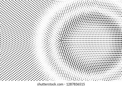 Black on white halftone vector texture. Digital optical illusion. Frequent dotwork gradient for vintage effect. Monochrome halftone overlay. Perforated retro background. Ink dot texture card