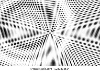 Black on white halftone vector texture. Digital optical illusion. Concentrated dotwork gradient for vintage effect. Monochrome halftone overlay. Perforated retro background. Ink dot texture card