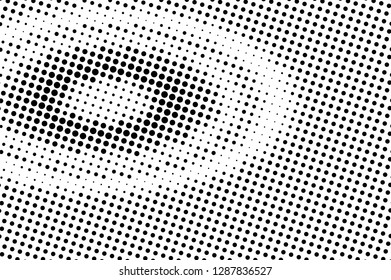 Black on white halftone vector texture. Digital optical illusion. Grungy dotwork gradient for vintage effect. Monochrome halftone overlay. Perforated retro background. Ink dot texture card