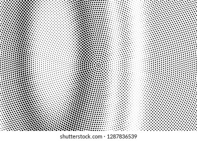 Black on white halftone vector texture. Digital optical illusion. Vertical dotwork gradient for vintage effect. Monochrome halftone overlay. Perforated retro background. Ink dot texture card