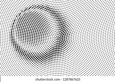 Black on white halftone vector texture. Digital optical illusion. Uneven dotwork gradient for vintage effect. Monochrome halftone overlay. Perforated retro background. Ink dot texture card