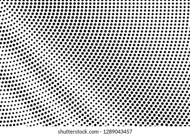 Black on white halftone vector. Radial dotted texture. Diagonal dotwork gradient. Monochrome halftone overlay for cartoon effect. Perforated background in retro style. Abstract dotwork surface