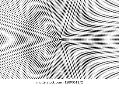 Black on white halftone vector. Radial dotted texture. Centered dotwork gradient. Monochrome halftone overlay for cartoon effect. Perforated background in retro style. Abstract dotwork surface
