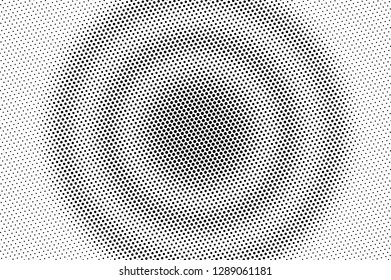 Black on white halftone vector. Radial dotted texture. Circular dotwork gradient. Monochrome halftone overlay for cartoon effect. Perforated background in retro style. Abstract dotwork surface