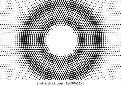 Black on white halftone vector. Round dotted texture. Rough dotwork gradient. Monochrome halftone overlay for cartoon effect. Perforated background in retro style. Abstract dotwork surface