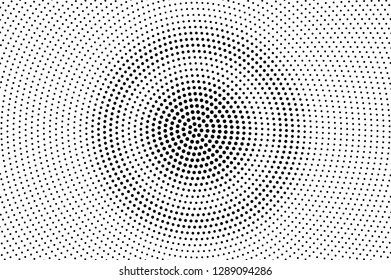 Black on white halftone vector. Circular dotted texture. Round dotwork gradient. Monochrome halftone overlay for cartoon effect. Perforated background in retro style. Abstract dotwork surface
