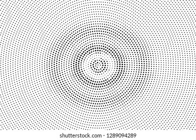 Black on white halftone vector. Circular dotted texture. Centered dotwork gradient. Monochrome halftone overlay for cartoon effect. Perforated background in retro style. Abstract dotwork surface