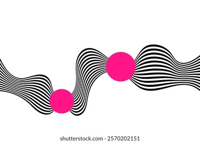 
Black on white image, abstract perspective wave stripes line with 3D effect, isolated on white. Wave with pink circles.