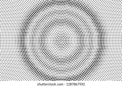 Black on white micro halftone vector texture. Digital optical illusion. Concentrated dotwork gradient for vintage effect. Monochrome halftone overlay. Perforated retro background. Ink dot texture card