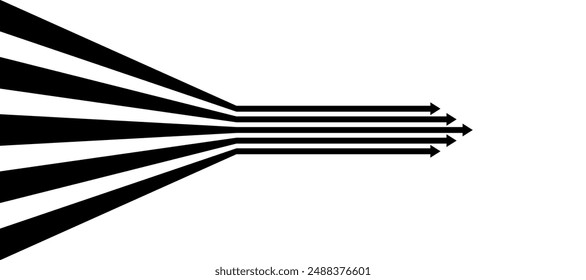Black on white perspective line stripes arrow with 3d dimensional effect isolated on white